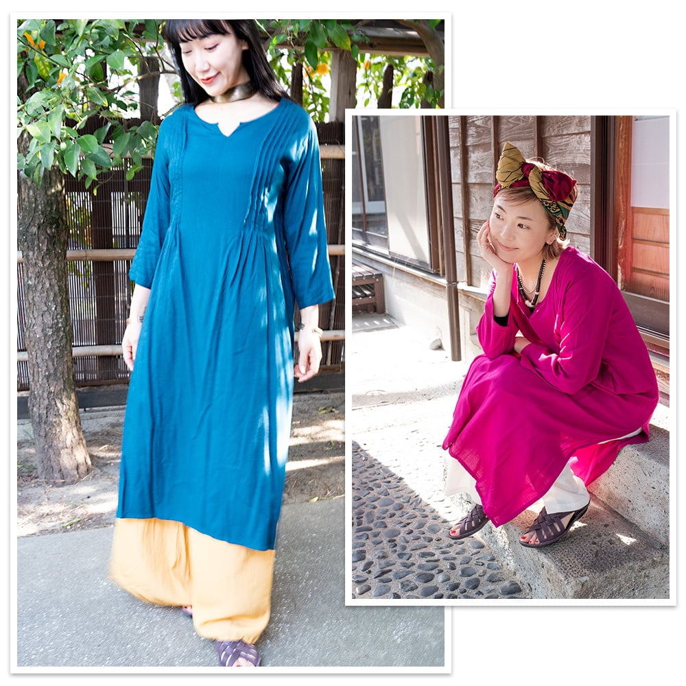 ビビッドカラーのフロントピンタッククルティ3枚目の説明写真です