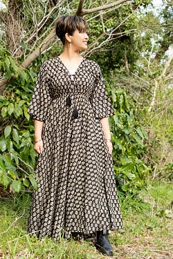 手仕事の温もり インド綿 ウッドブロックプリント フレアワンピース ロング丈 - サブ2