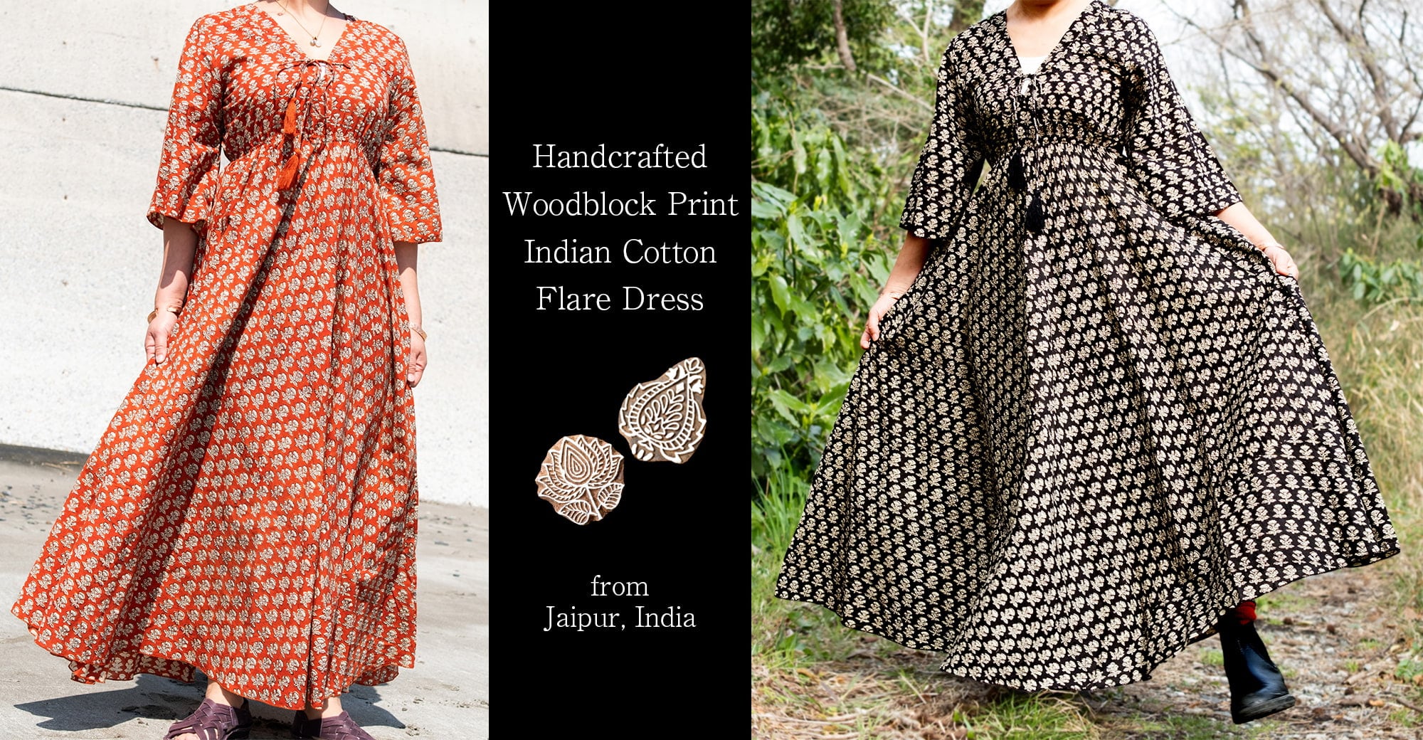 手仕事の温もり インド綿 ウッドブロックプリント フレアワンピース ロング丈