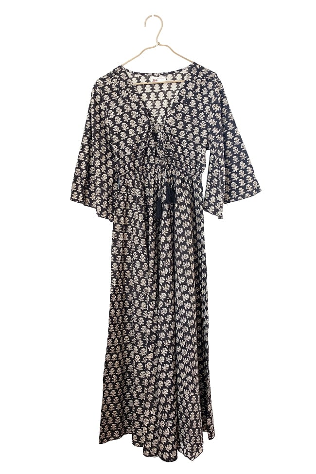 手仕事の温もり インド綿 ウッドブロックプリント フレアワンピース ロング丈 7 - 1：ブラック