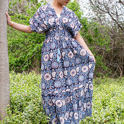 ウッドブロックプリントを贅沢に使った ボヘミアンマキシドレス フレアワンピース ロング丈 - サブ3