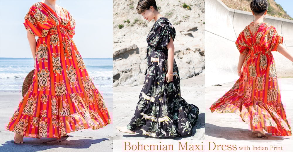 大胆なデザインが魅力的 ボヘミアンマキシドレス フレアワンピース ロング丈