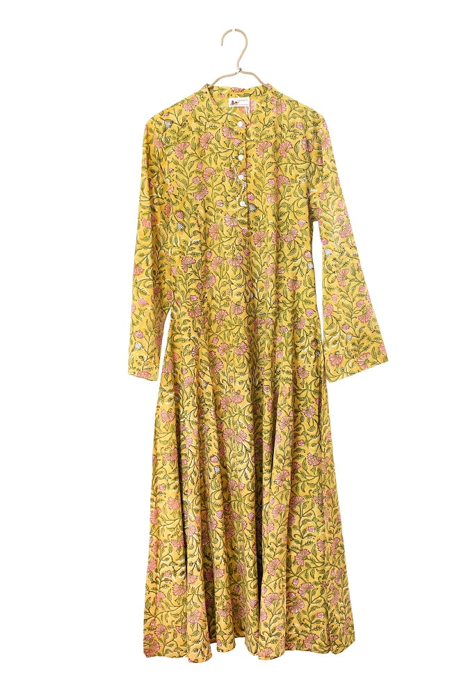 Aラインフレアが美しい ウッドブロックプリントのマキシワンピース 大人ナチュラル クルティ風 8 - 2：イエロー