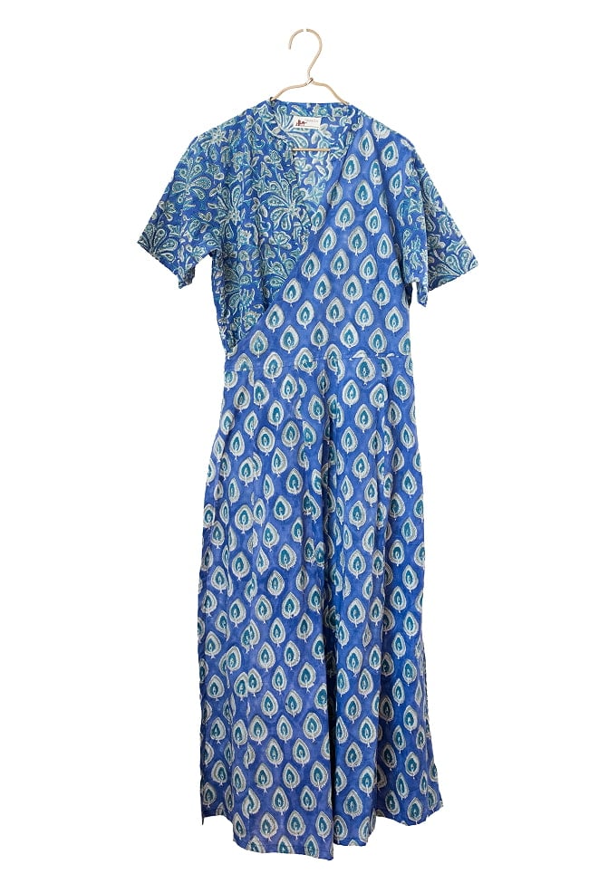 嬉しい2WAY ウッドブロックプリントのカシュクールワンピース ロング丈 10 - 3：ブルー