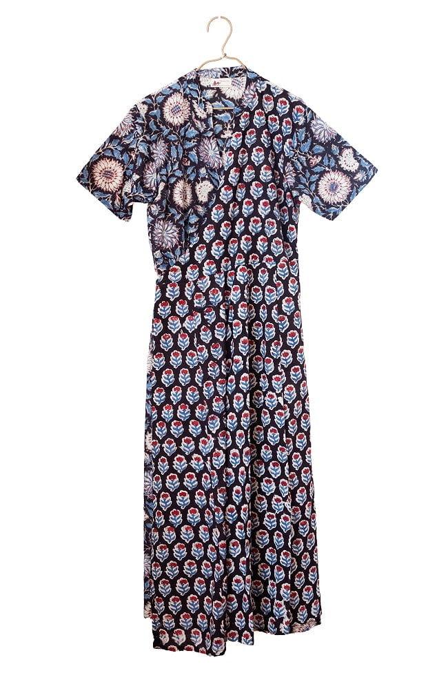 嬉しい2WAY ウッドブロックプリントのカシュクールワンピース ロング丈 8 - 1：ブラック