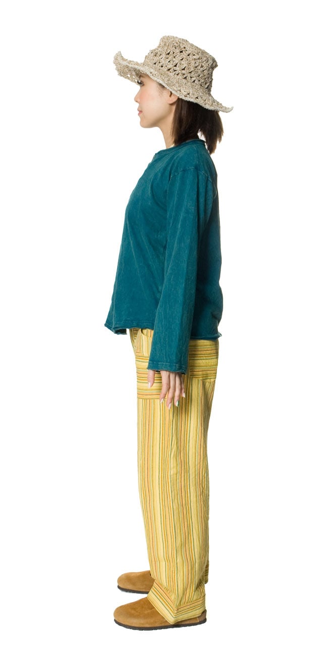 コットンストライプパンツ 【赤紫系】の商品写真 6枚目 横から見るとこんな感じです。スッキリとした印象です。