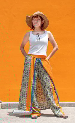 優雅なシルエットだけど動きやすい アンティークサリーのラップスカートパンツ - サブ3