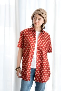 ウッドブロックと藍染の半袖コットンシャツ - サブ4