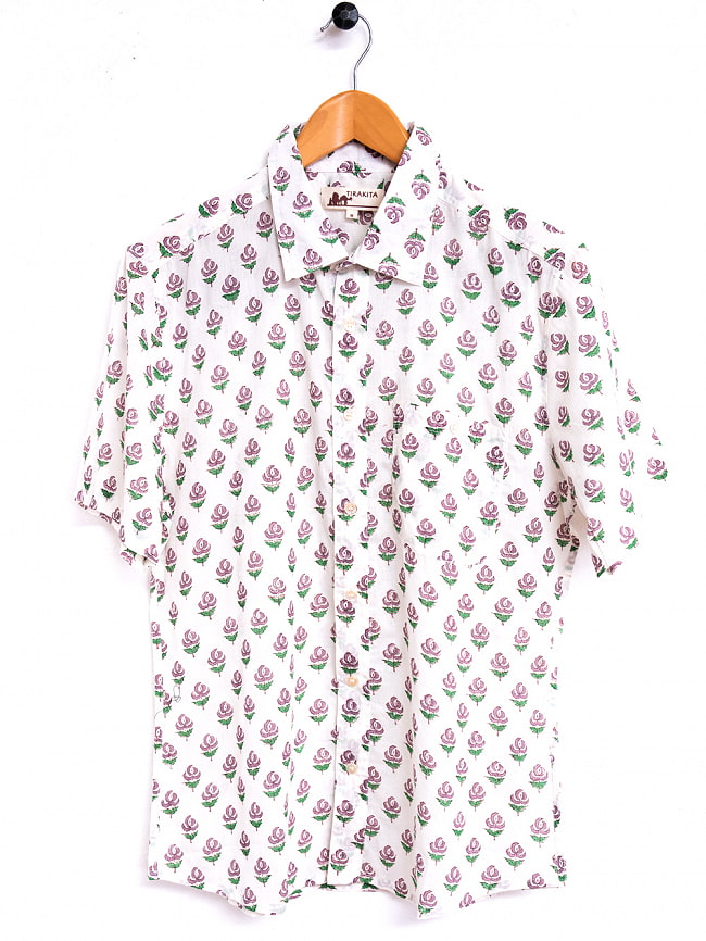 白地に木版染めが映える　半袖コットンシャツ 7 - パープル