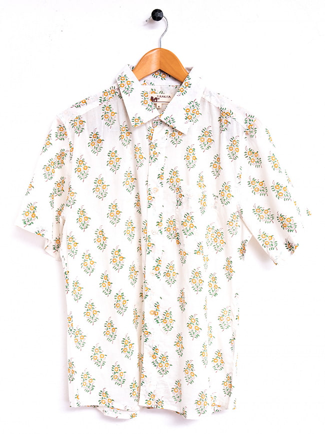 白地に木版染めが映える　半袖コットンシャツ 9 - イエロー