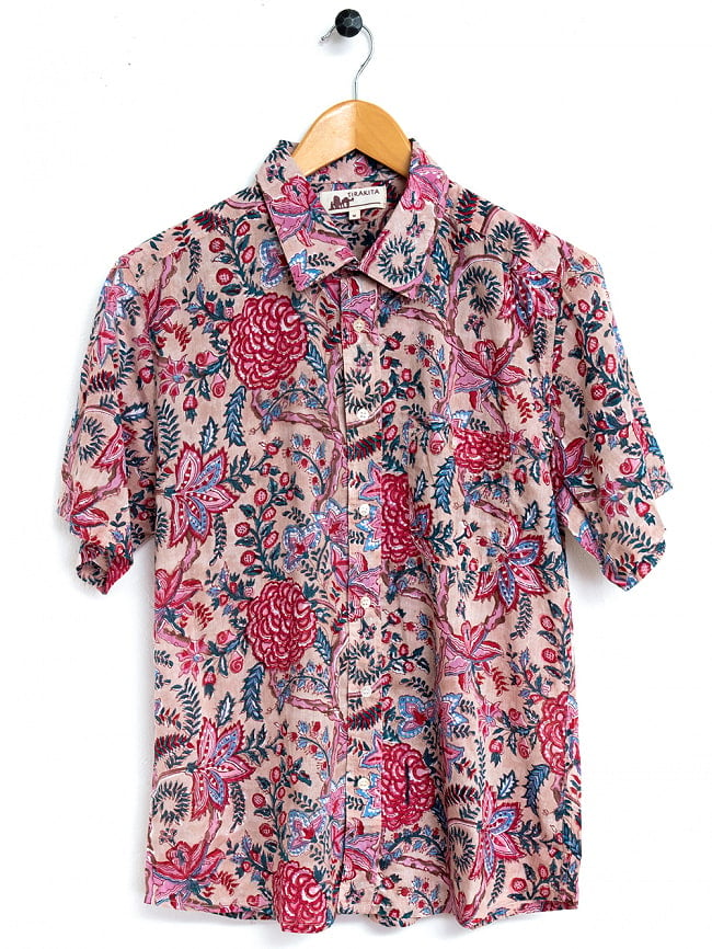 ボタニカル柄の木版染めが美しい　半袖コットンシャツ 10 - ベージュピンク