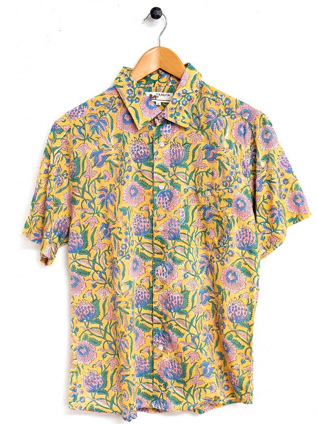 ボタニカル柄の木版染めが美しい　半袖コットンシャツ 12 - パステルイエロー
