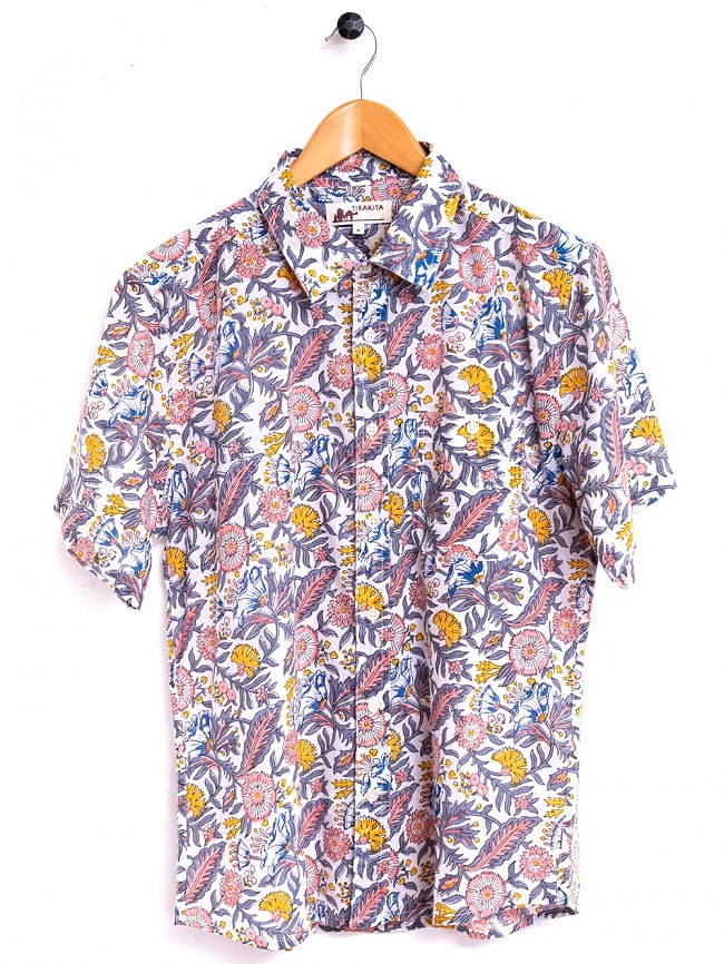 ボタニカル柄の木版染めが美しい　半袖コットンシャツ 14 - ホワイトグレー