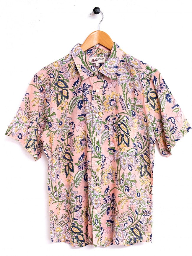 ボタニカル柄の木版染めが美しい　半袖コットンシャツ 16 - ピンク