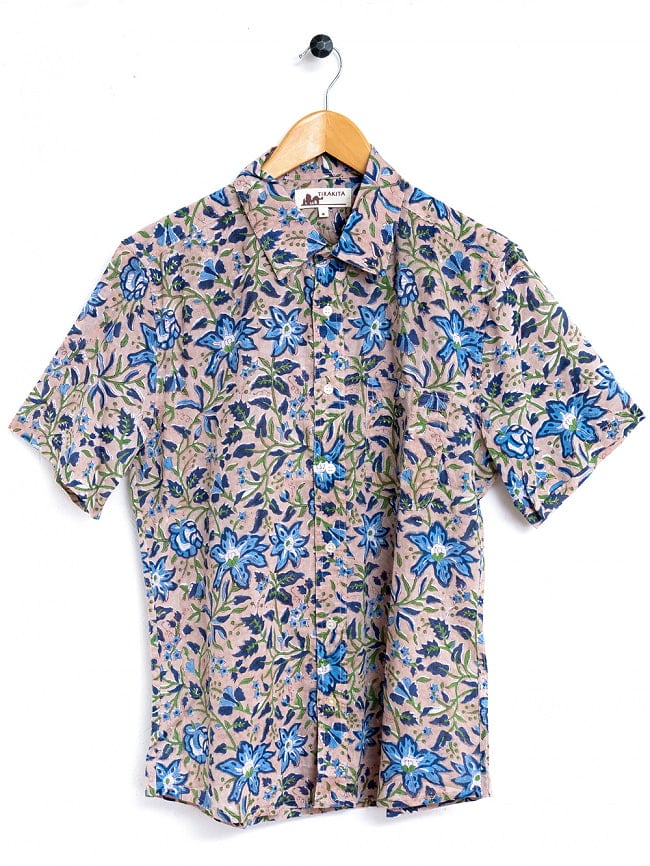 ボタニカル柄の木版染めが美しい　半袖コットンシャツ 18 - ベージュブルー