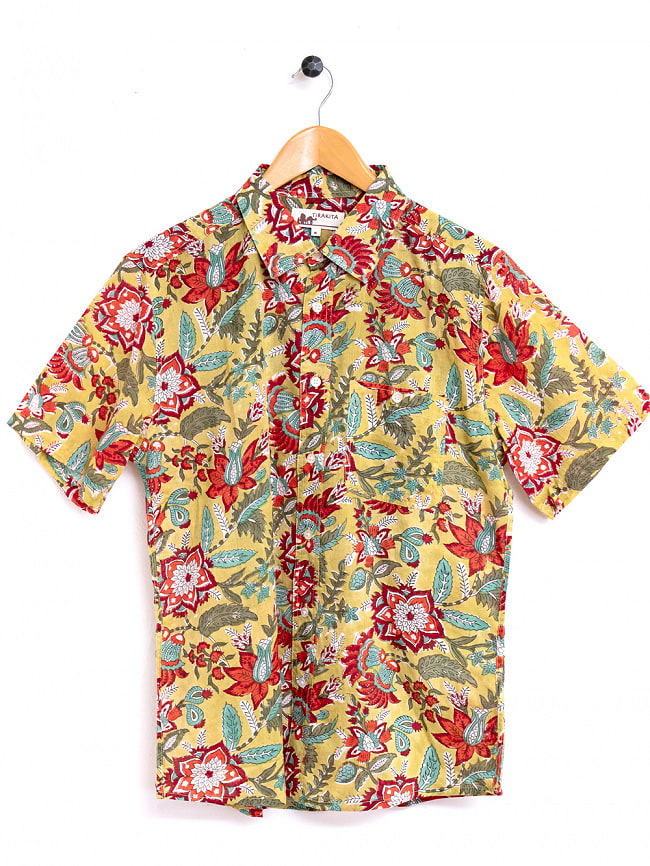 ボタニカル柄の木版染めが美しい　半袖コットンシャツ 20 - イエローレッド