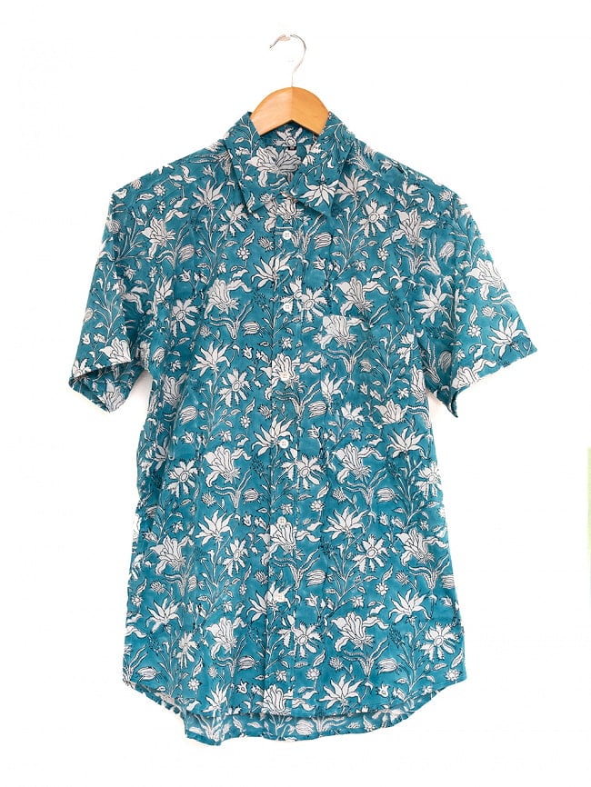 ボタニカル柄の木版染めが美しい　半袖コットンシャツ 22 - サックスブルー