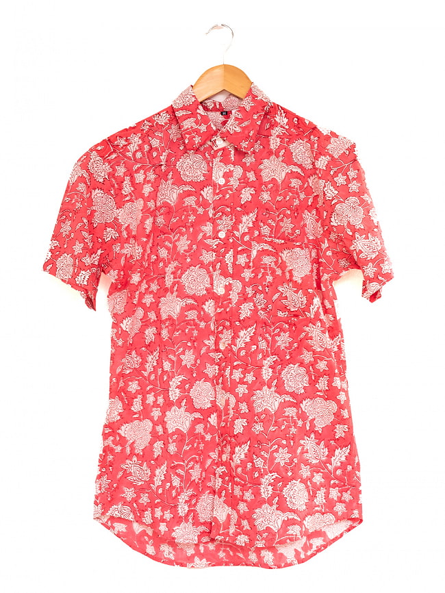 ボタニカル柄の木版染めが美しい　半袖コットンシャツ 24 - コーラル