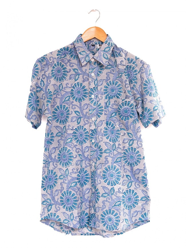 ボタニカル柄の木版染めが美しい　半袖コットンシャツ 26 - グレーブルー