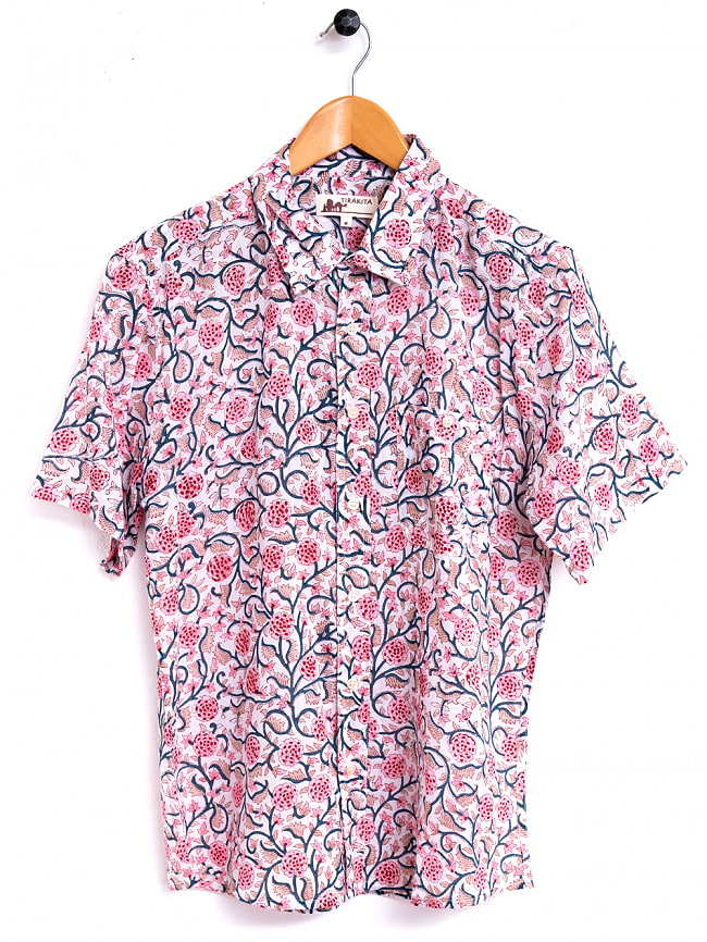 ボタニカル柄の木版染めが美しい　半袖コットンシャツ 6 - ホワイトピンク