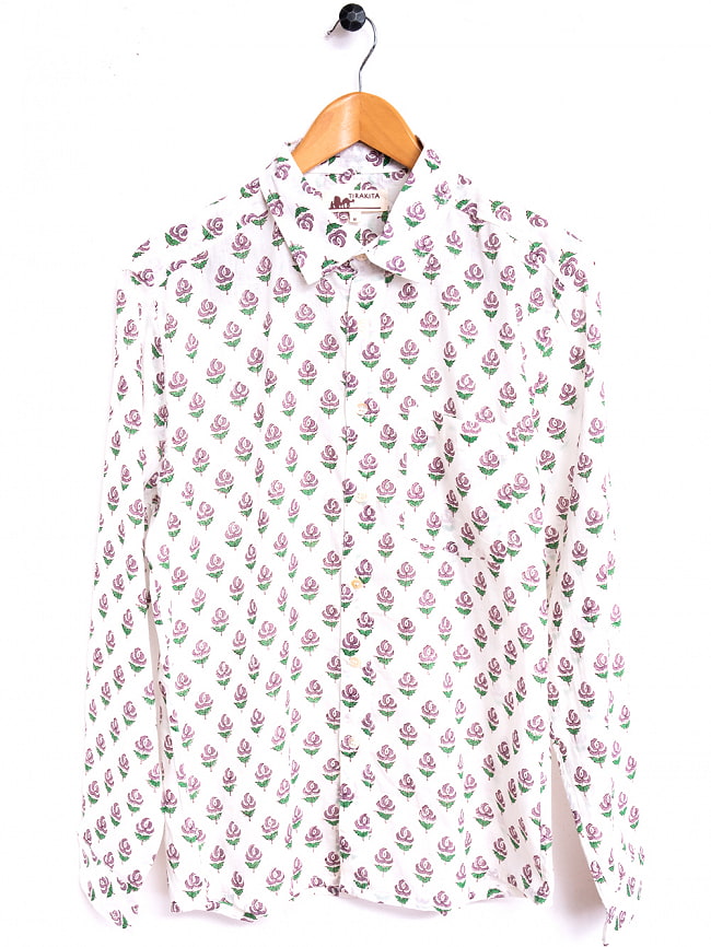 白地に木版染めが映える　長袖コットンシャツ 11 - パープル