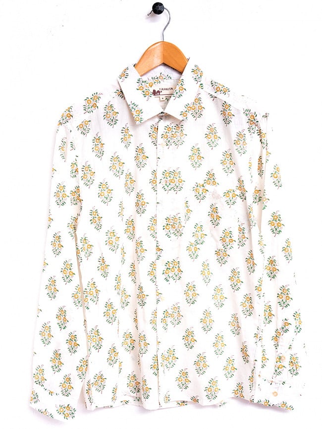 白地に木版染めが映える　長袖コットンシャツ 7 - イエロー