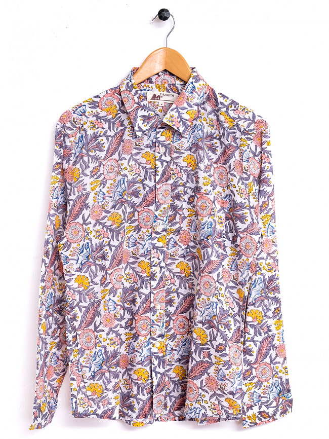 ボタニカル柄の木版染めが美しい　長袖コットンシャツ 10 - ホワイトグレー