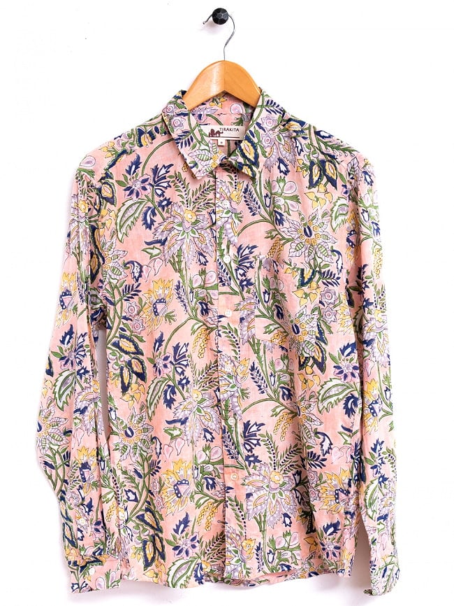 ボタニカル柄の木版染めが美しい　長袖コットンシャツ 12 - ピンク