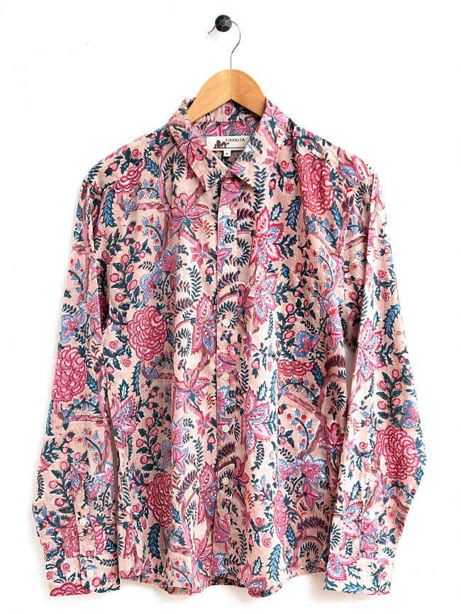 ボタニカル柄の木版染めが美しい　長袖コットンシャツ 16 - ベージュピンク