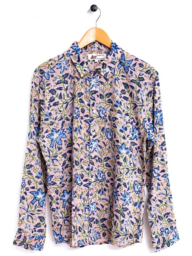ボタニカル柄の木版染めが美しい　長袖コットンシャツ 18 - ベージュブルー