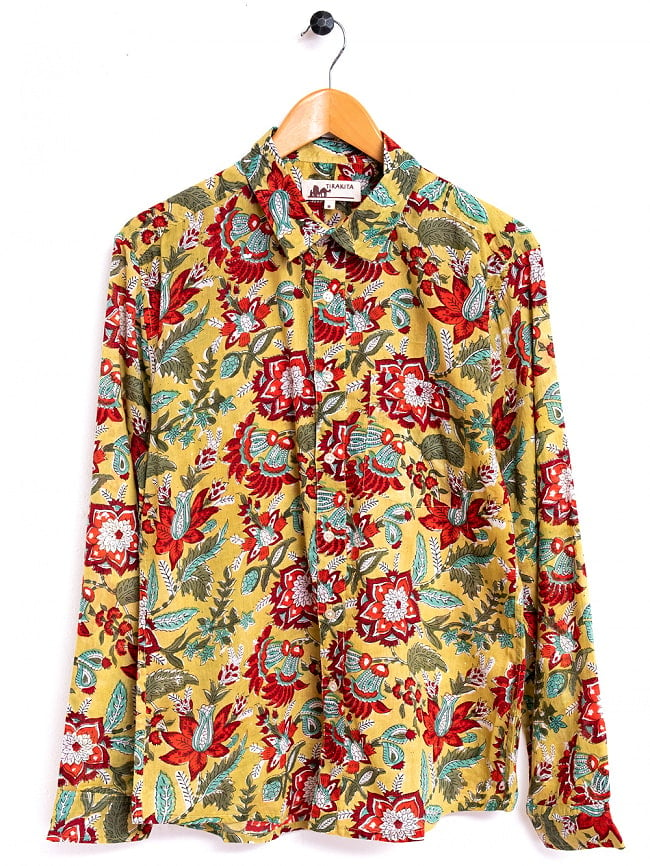 ボタニカル柄の木版染めが美しい　長袖コットンシャツ 20 - イエローレッド