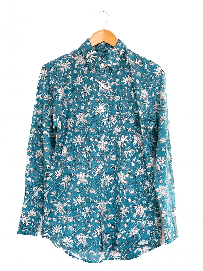 ボタニカル柄の木版染めが美しい　長袖コットンシャツ 22 - サックスブルー