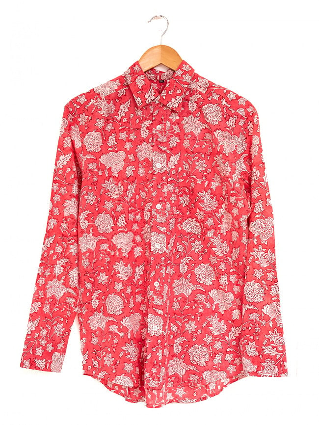 ボタニカル柄の木版染めが美しい　長袖コットンシャツ 24 - コーラル