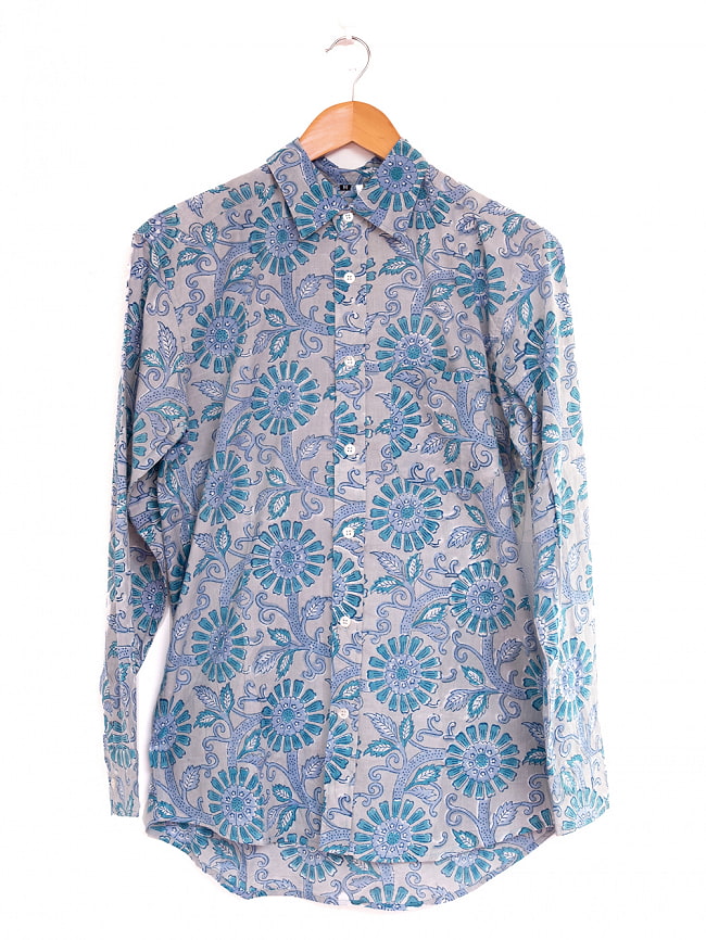 ボタニカル柄の木版染めが美しい　長袖コットンシャツ 26 - グレーブルー
