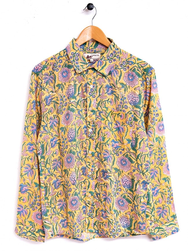 ボタニカル柄の木版染めが美しい　長袖コットンシャツ 6 - パステルイエロー