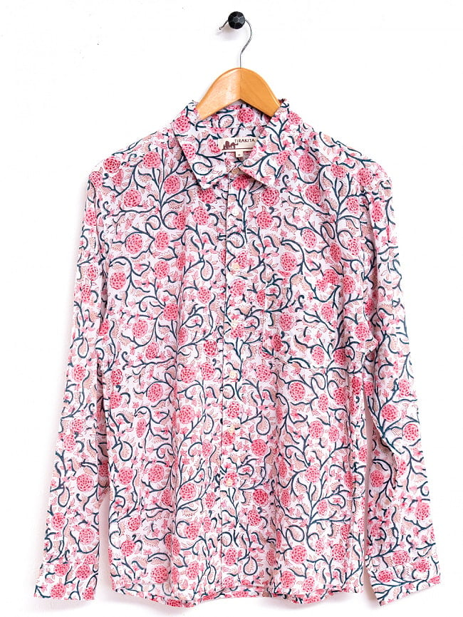 ボタニカル柄の木版染めが美しい　長袖コットンシャツ 8 - ホワイトピンク