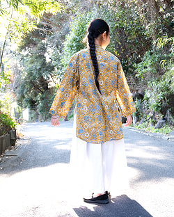 ウッドブロックプリントのバックロング クルティ風チュニックシャツ - サブ4