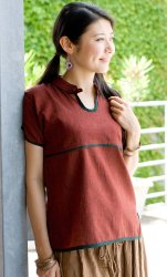 半袖コットンパイピングシャツ -　こげ茶の商品写真