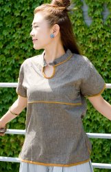 半袖コットンパイピングシャツ -　薄茶の商品写真