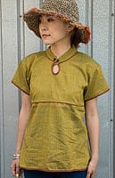 半袖コットンパイピングシャツ -　黄緑×茶の商品写真