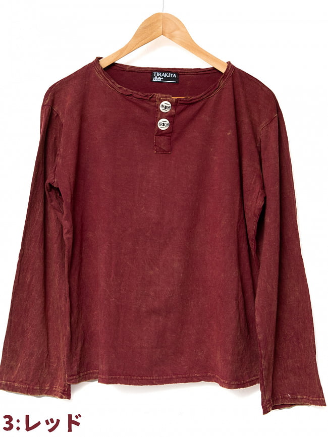 ストーンウォッシュのボタン付Tシャツ 13 - 3:レッド