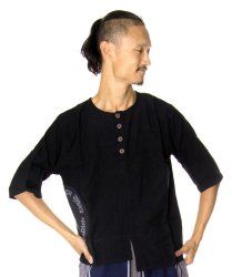 ブッダプリント・半袖ボタンシャツ-黒の商品写真