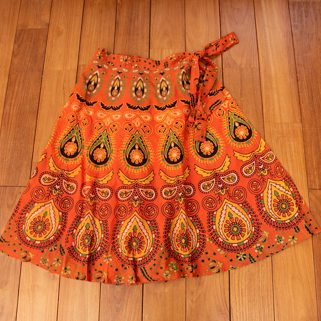 インド伝統柄が美しい　コットンラップスカート-ミモレ丈 10 - 3：オレンジ