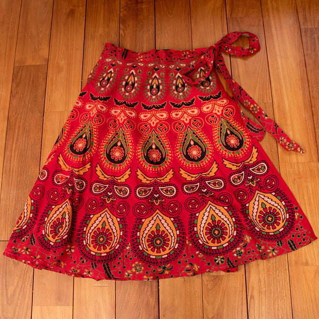 インド伝統柄が美しい　コットンラップスカート-ミモレ丈 12 - 5：レッド