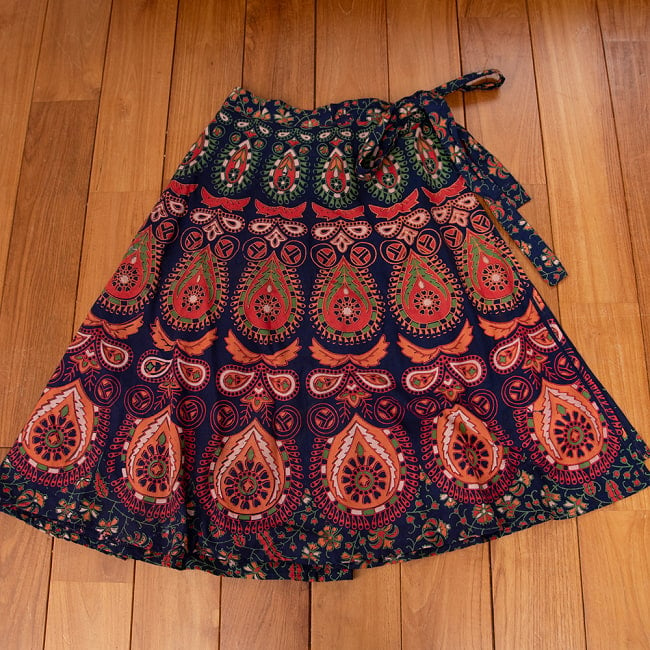 インド伝統柄が美しい　コットンラップスカート-ミモレ丈 13 - 6：ネイビー