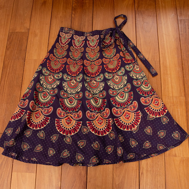 インド伝統柄が美しい　コットンラップスカート-ミモレ丈 14 - 7：ダークパープル