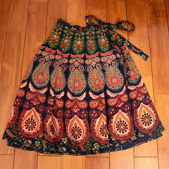 インド伝統柄が美しい　コットンラップスカート-ミモレ丈 8 - 1：ダークグリーン