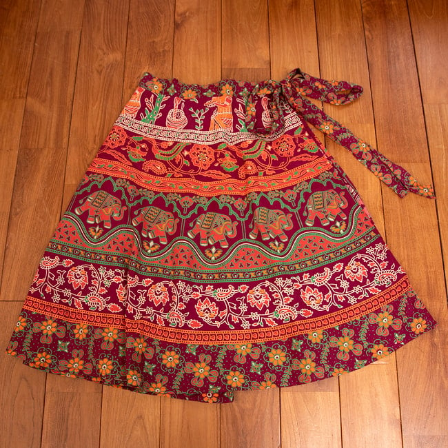 インド伝統柄が美しい　コットンラップスカート-ミモレ丈 9 - 2：ダークレッド