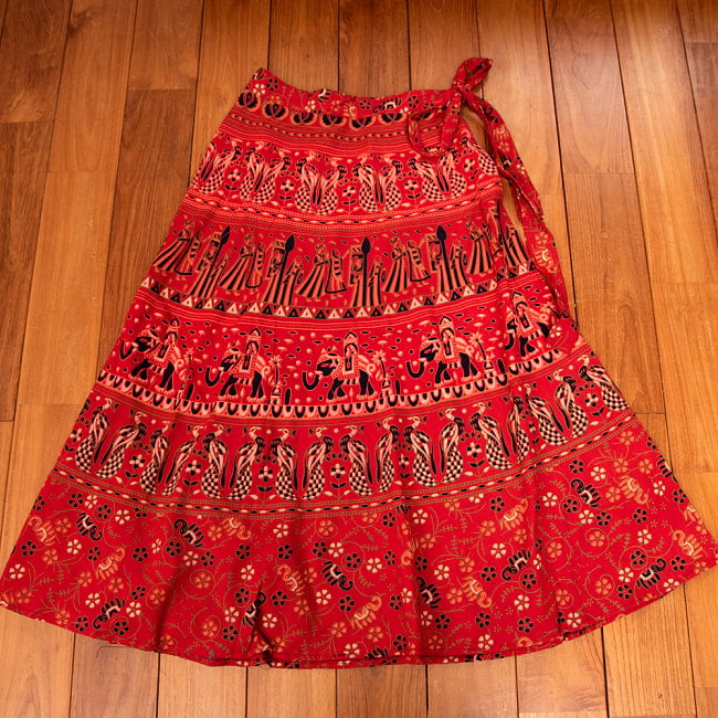 インド伝統柄が美しい　コットンラップスカート-マキシ丈 10 - 2：レッド