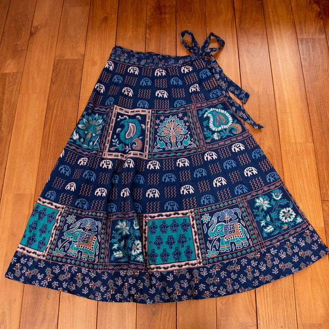 インド伝統柄が美しい　コットンラップスカート-マキシ丈 12 - 4：グリーンブルー